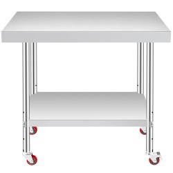 Ruostumaton teräs työpöytä 307x612x862 mm säädettävällä hyllyllä 4 pyörää joista 2 jarrullista