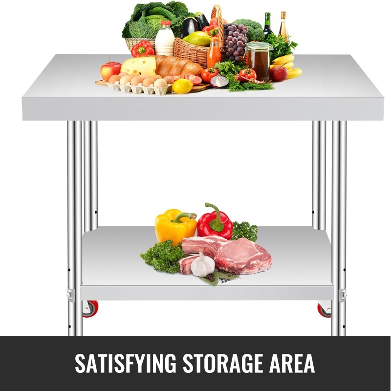 Ruostumaton teräs työpöytä 307x612x862 mm säädettävällä hyllyllä 4 pyörää joista 2 jarrullista