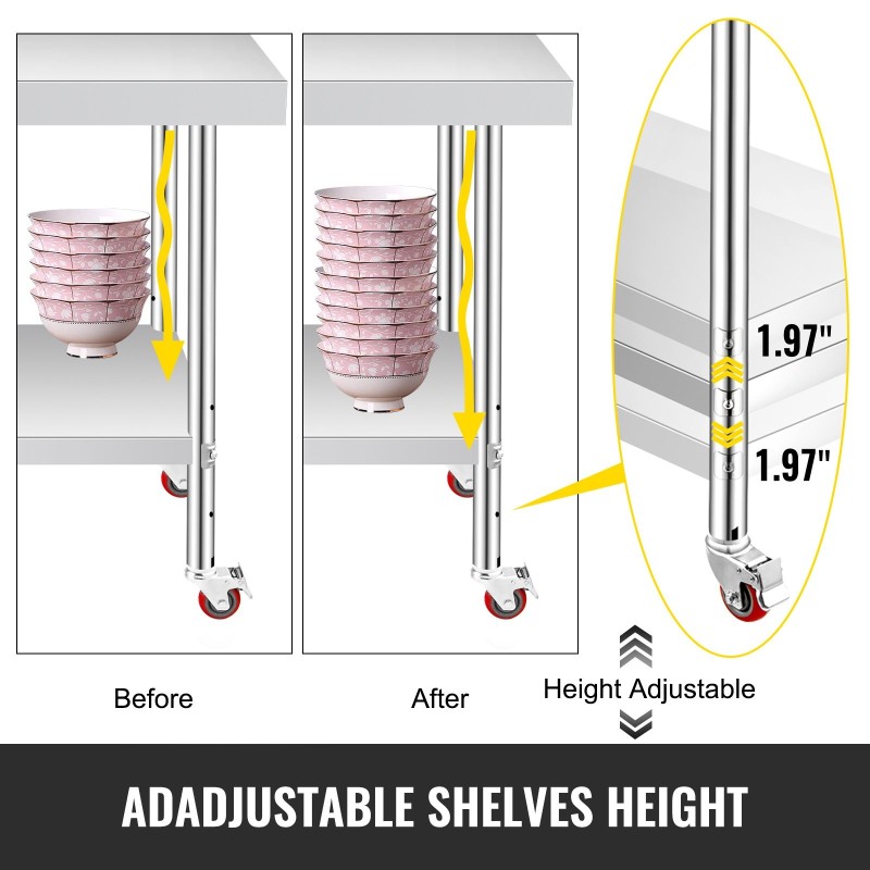 Ruostumaton teräs työpöytä 307x612x862 mm säädettävällä hyllyllä 4 pyörää joista 2 jarrullista