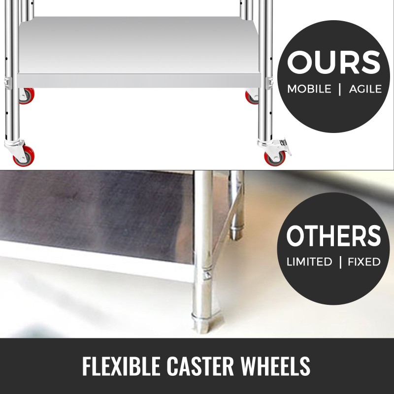 Ruostumaton teräspöytä 900 x 600 mm pyörillä ja säädettävällä alahyllyllä