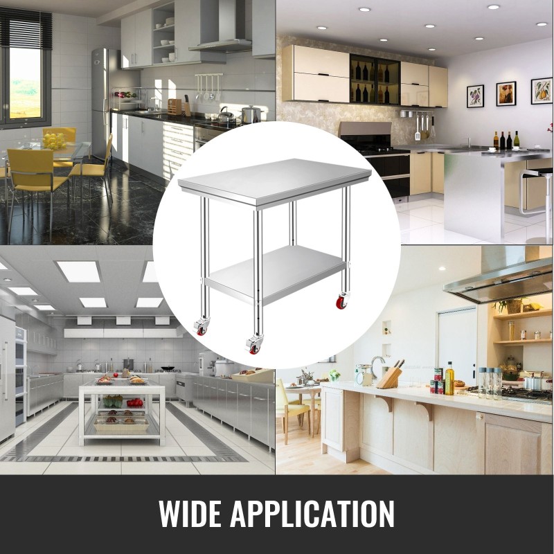 Ruostumaton teräspöytä 900 x 600 mm pyörillä ja säädettävällä alahyllyllä