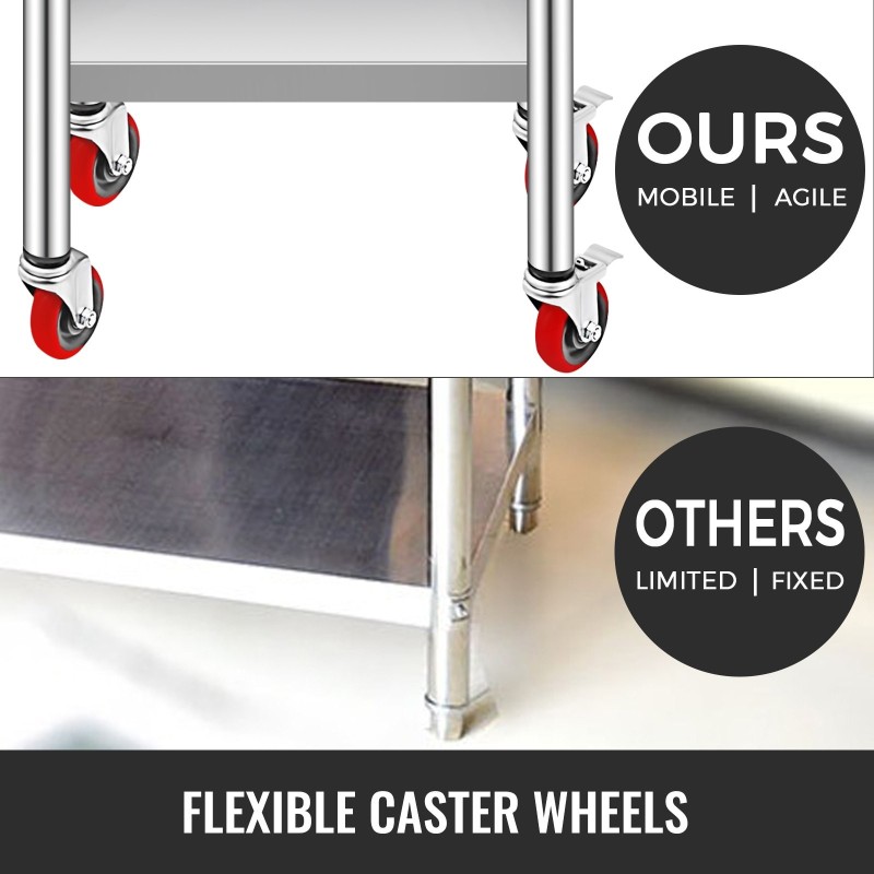 Työpöytä ruostumattomasta teräksestä 762 x 450 x 860 mm pyörillä säädettävällä alahyllyllä