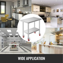 Työpöytä ruostumattomasta teräksestä 762 x 450 x 860 mm pyörillä säädettävällä alahyllyllä