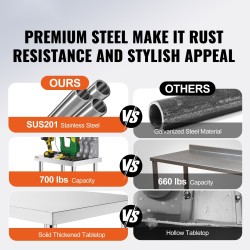 Ruostumaton teräs työpöytä 610x450x860 mm 3 korkeustasoa pyörillä