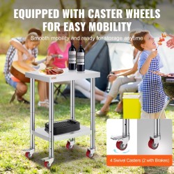 Ruostumaton teräs työpöytä 610x450x860 mm 3 korkeustasoa pyörillä