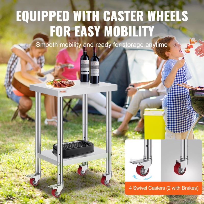 Ruostumaton teräs työpöytä 610x450x860 mm 3 korkeustasoa pyörillä