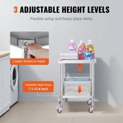 Ruostumaton teräs työpöytä 610x450x860 mm 3 korkeustasoa pyörillä