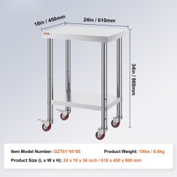 Ruostumaton teräs työpöytä 610x450x860 mm 3 korkeustasoa pyörillä