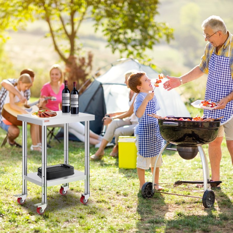 Ruostumaton teräs työpöytä 610x450x860 mm 3 korkeustasoa pyörillä