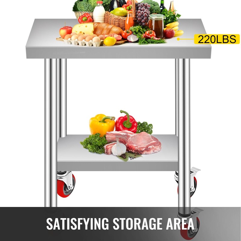 Ruostumaton terästyöpöytä kompakti koko pyörillä ja säädettävällä alahyllyllä