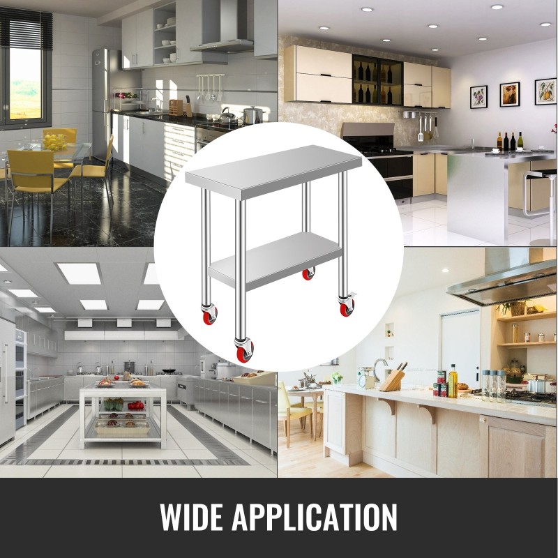 Ruostumaton terästyöpöytä kompakti koko pyörillä ja säädettävällä alahyllyllä