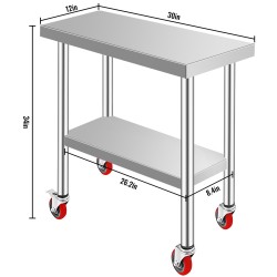 Ruostumaton terästyöpöytä kompakti koko pyörillä ja säädettävällä alahyllyllä