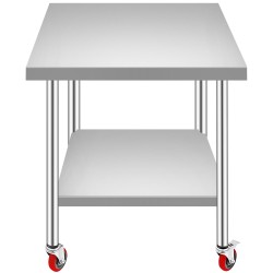 Ruostumattomasta teräksestä valmistettu ammattikeittiön työpöytä 910 760 860 mm säädettävällä alahyllyllä 4 pyörää