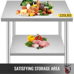 Ruostumattomasta teräksestä valmistettu ammattikeittiön työpöytä 910×760×860 mm säädettävällä alahyllyllä 4 pyörää