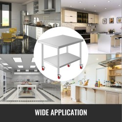 Ruostumattomasta teräksestä valmistettu ammattikeittiön työpöytä 910×760×860 mm säädettävällä alahyllyllä 4 pyörää