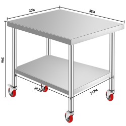 Ruostumattomasta teräksestä valmistettu ammattikeittiön työpöytä 910×760×860 mm säädettävällä alahyllyllä 4 pyörää