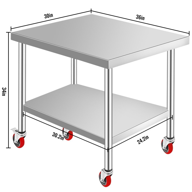 Ruostumattomasta teräksestä valmistettu ammattikeittiön työpöytä 910×760×860 mm säädettävällä alahyllyllä 4 pyörää