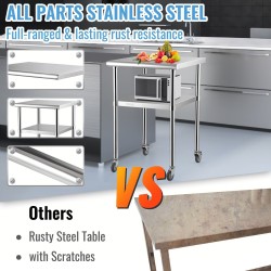 Ruostumaton teräs työtaso 61x61x91 cm 272 kg kantavuus säädettävä alataso pyörillä