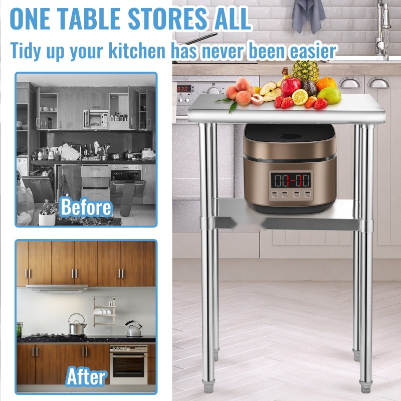 Valmistelupöytä 201-ruostumattomasta teräksestä 61 x 46 x 91 cm säädettävällä alahyllyllä