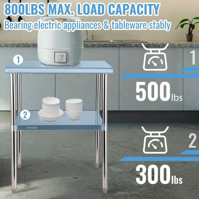 Valmistelupöytä ruostumattomasta teräksestä 76x76x91 cm säädettävällä alahyllyllä ja säädettävillä jaloilla