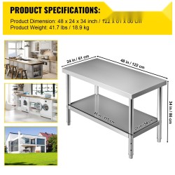 Ruostumattomasta teräksestä valmistettu työtaso 122 x 61 x 86 cm säädettävällä alahyllyllä