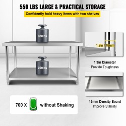 Ruostumattomasta teräksestä valmistettu valmistelupöytä 183x76x86 cm 249,5 kg kantavuus säädettävällä alatasolla