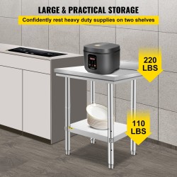 Työpöytä ruostumatonta terästä 600x600x880 mm alahyllyllä säädettävät jalat NSF-sertifioitu