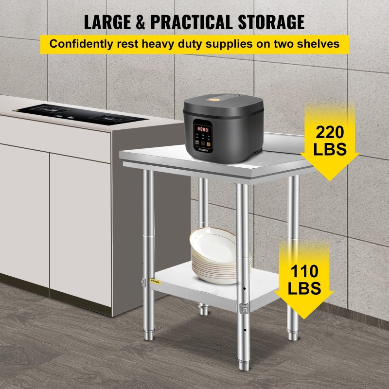 Työpöytä ruostumatonta terästä 600x600x880 mm alahyllyllä säädettävät jalat NSF-sertifioitu