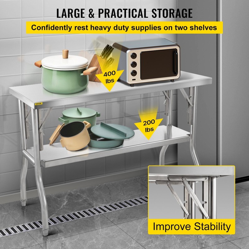 Työpöytä ruostumattomasta teräksestä taittuva 122 cm leveä 61 cm syvä 350 kg
