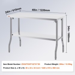 Työpöytä ruostumattomasta teräksestä taittuva 122 cm leveä 61 cm syvä 350 kg
