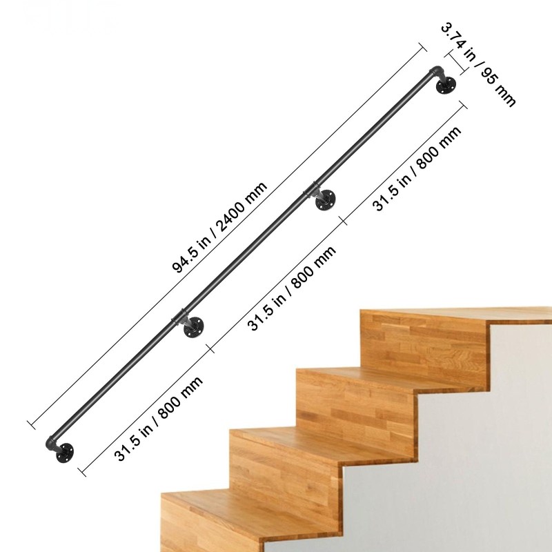 Porraskaide hiiliterästä 2,4 m musta seinäkiinnitteinen 32 mm 200 kg