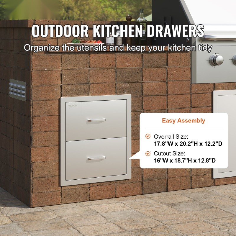 Ulkokeittiön kaksitasoinen upotettava laatikosto ruostumattomasta teräksestä 451 x 514 x 310 mm