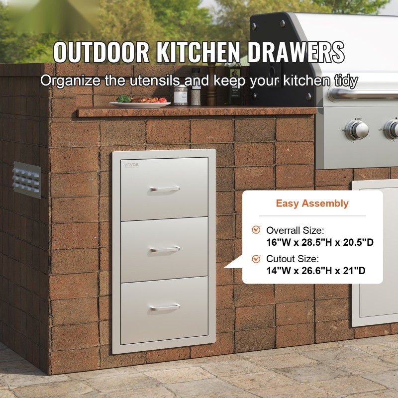 Laatikosto ruostumattomasta teräksestä kolmikerroksinen ulkokeittiöön liukukiskoilla täysin koteloitu