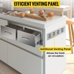 Ulkokeittiön ruostumaton teräslaatikosto 75x25x50 cm kaksiosainen ilmanvaihtopaneelilla