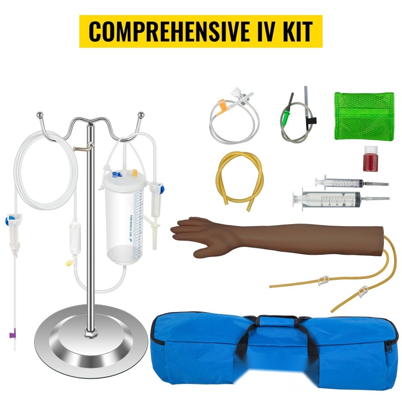 Intravenoosinen harjoitusvarsi PVC 55 cm tumma iho opetuskäyttöön säädettävällä metallitelineellä