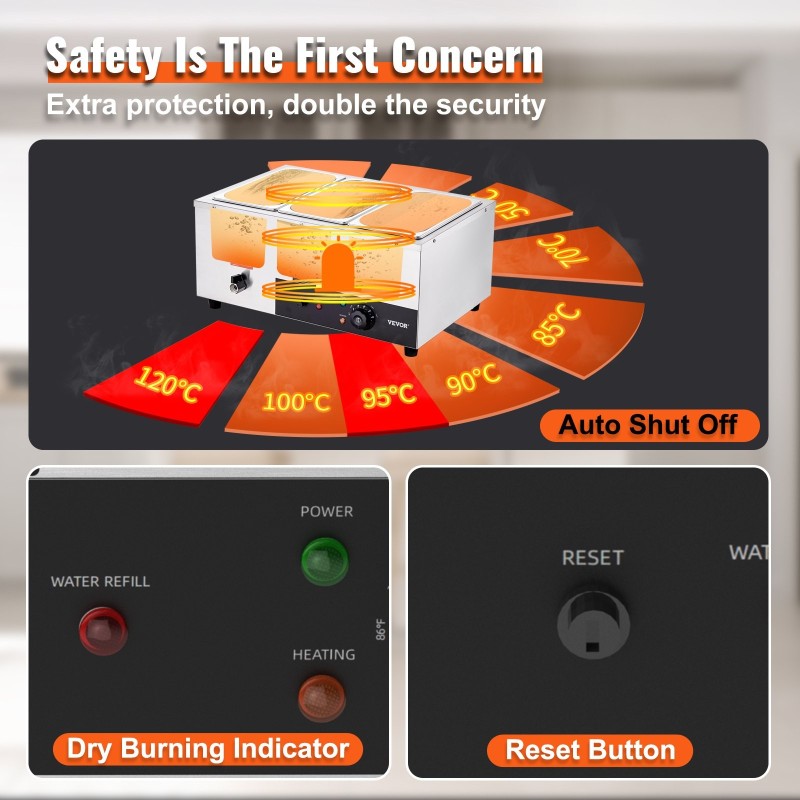 Sähköinen bain marie ruoanlämmitin ruostumattomasta teräksestä 3 kpl 8 qt ruokapataa