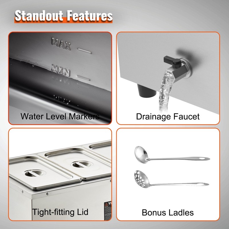 Sähköinen bain marie ruoanlämmitin ruostumattomasta teräksestä 3 kpl 8 qt ruokapataa