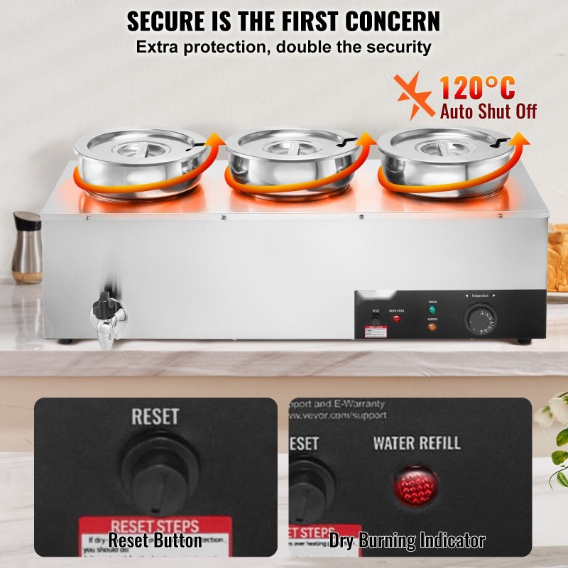 Sähköinen keittoastia ruostumattomasta teräksestä kolmella pyöreällä padalla ammattikäyttöön