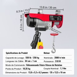 Sähköinen teräsvaijeritalja 250 kg 12 m nostokorkeus kuparimoottori 427 cm johdollinen kaukosäädin