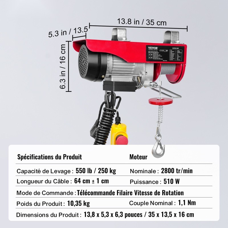 Sähköinen teräsvaijeritalja 250 kg 12 m nostokorkeus kuparimoottori 427 cm johdollinen kaukosäädin