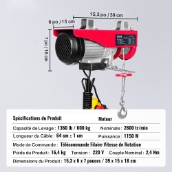 Sähköinen teräsvaijeritalja 600 kg 1150 W 12 m vaijeri puhtaan kuparin moottori
