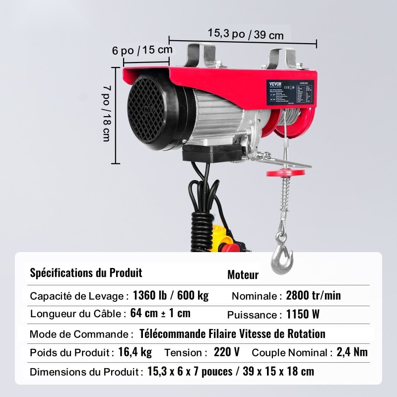 Sähköinen teräsvaijeritalja 600 kg 1150 W 12 m vaijeri puhtaan kuparin moottori