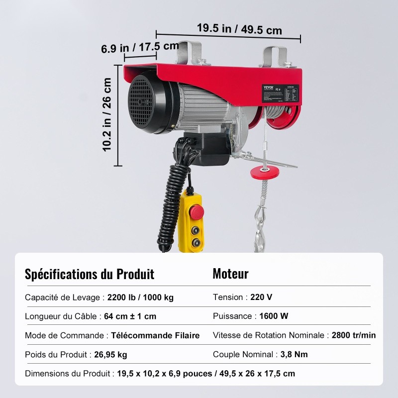 Sähköinen köysinostin 998 kg 1600W 220V puhtaan kuparin moottori 12 m teräsvaijeri