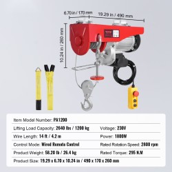 Sähkövinssi kaksivaijerikäyttö 1200 kg 230V teräsvaijeri johdollinen 426,7 cm kaukosäädin