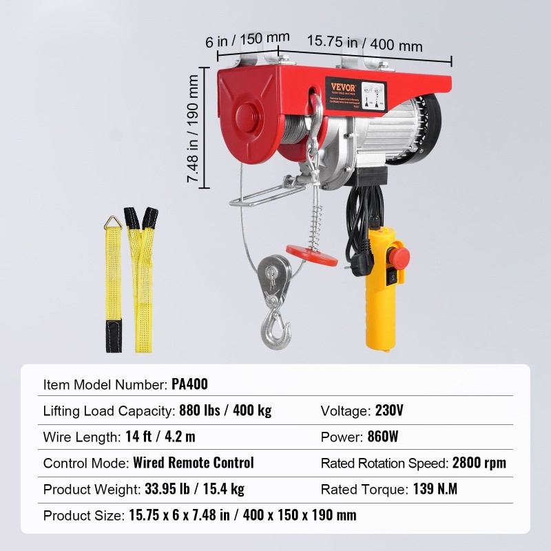 Sähköinen nostin 230V teräspunottu vaijeri 200/400 kg hätäseispainike johdollinen kaukosäädin