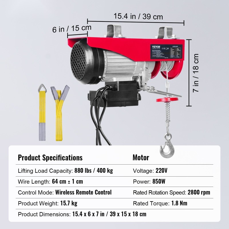 Sähkövaijeritalja 399,2 kg 12 m teräsvaijerilla 850 W 220 V langattomalla kaukosäätimellä