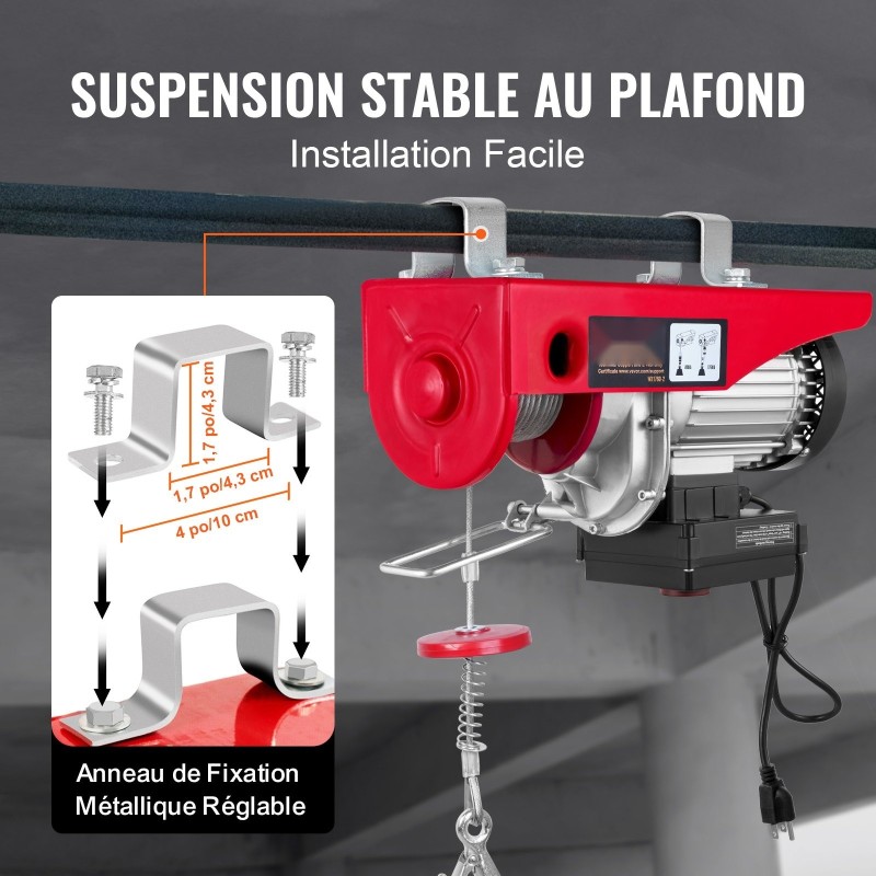 Sähköinen teräsvaijerivinssi 798 kg 1450W 220V 12 m nostokorkeudella langattomalla kaukosäätimellä