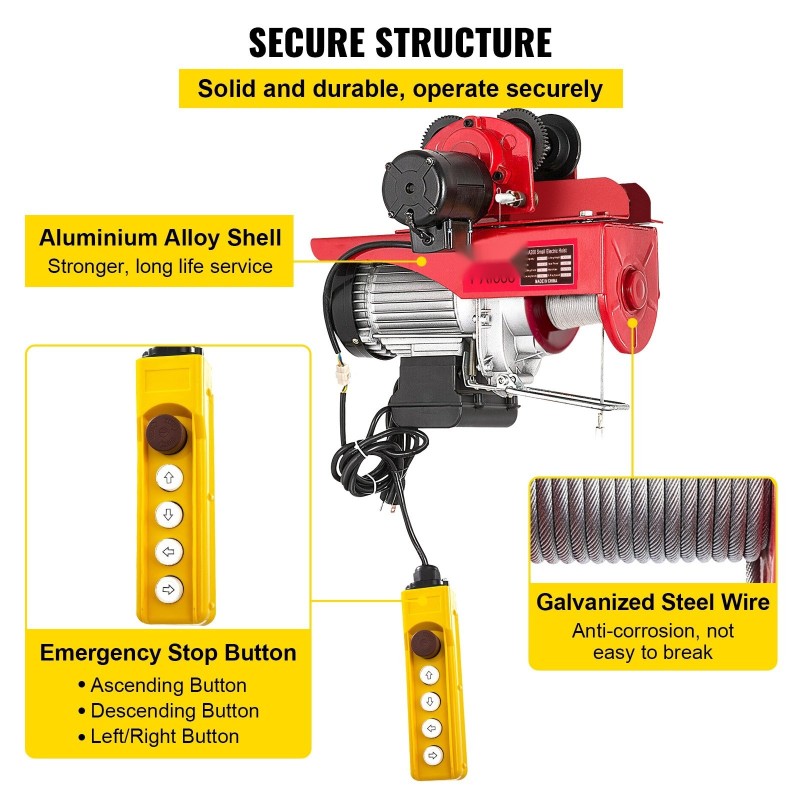 Sähköinen vaijeritalja siirtovaunulla valurauta ja alumiini 1000 kg 1800W
