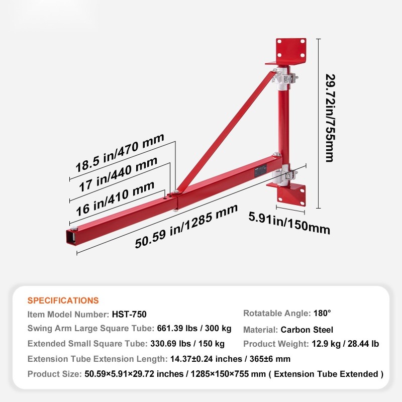 Sähkövinssin tukivarsi teräs 300 kg 180 asteen kääntövarrella työpajalle