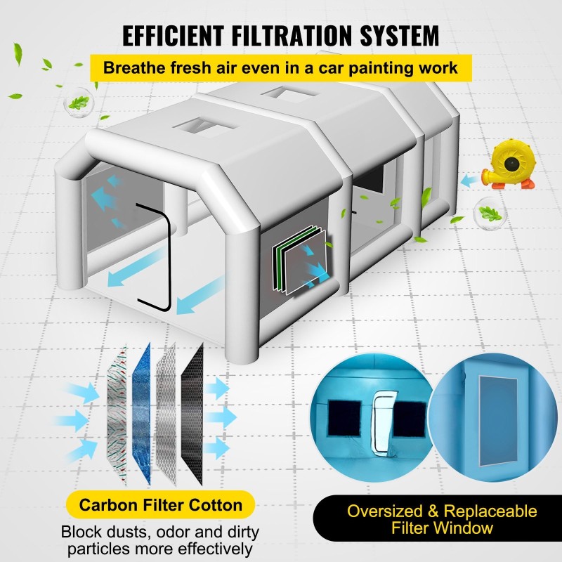 Täytettävä maalausteltta 9 x 6 x 4 m Oxford-kangas täyttö- ja ilmanvaihtopuhaltimilla